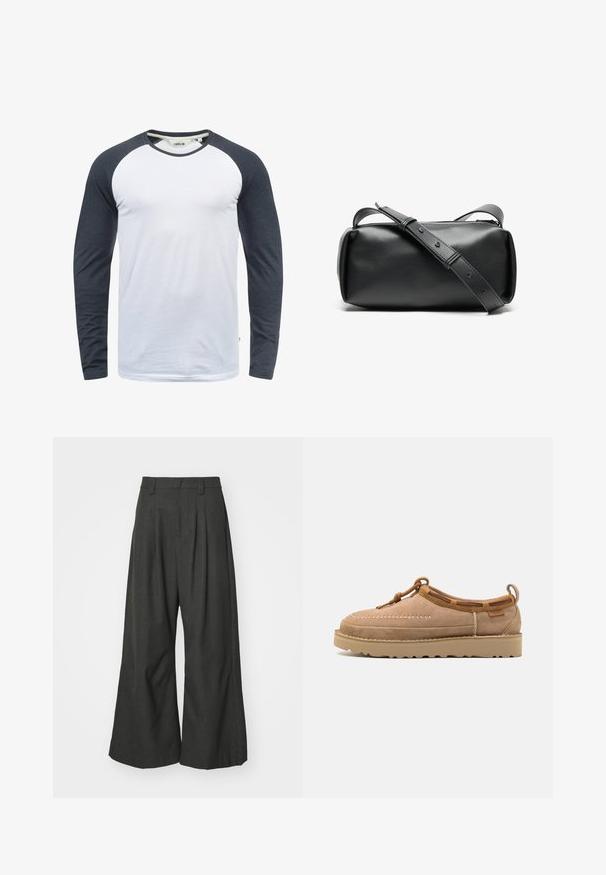 Majica dugih rukava s bijelim tijelom i tamno sivim raglan rukavima. Izrađena od glatke tkanine s okruglim izrezom i suptilnim detaljima šavova.; Jaded London GOLIATH TROUSER UNISEX - Hlače - grey; Svijetlosmeđi zamširni mokasini s zaobljenim nožnim prstom, s dekorativnim šavovima, kožnim detaljima i gumiranim potplatom.; Crna kožna torba za crossbody s cilindričnim oblikom, zatvaranjem na patentni zatvarač i podesivim remenom. Glatka tekstura s minimalističkim dizajnom.