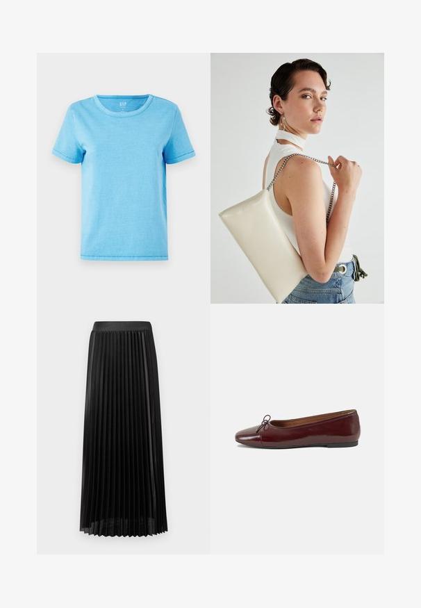 Light blue cotton t-shirt with a round neckline, short sleeves, and visible stitching details at the hems. Simple, unembellished design.; Pleated black skirt with a smooth waistband, made of lightweight fabric. Features crisp, vertical pleats and a mid-calf length design.; Burgundy patent leather ballet flat with a rounded toe, small bow accent at the front, and a low, black rubber sole. Smooth texture.; White rectangular clutch bag made of glossy material, featuring a silver chain strap. Model poses, showcasing the bag against a plain background.