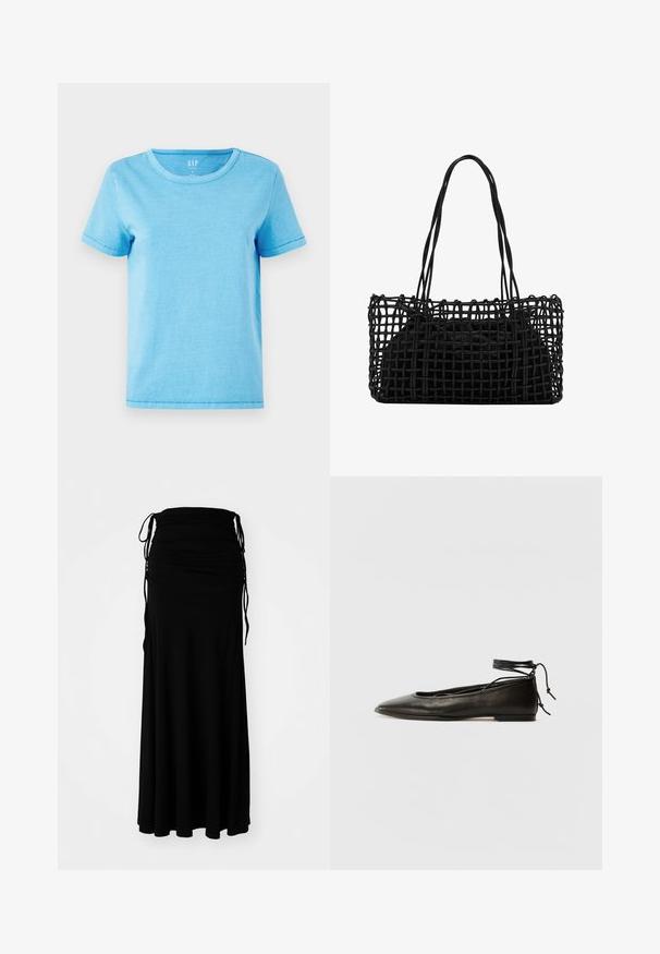 Light blue cotton t-shirt with a round neckline, short sleeves, and visible stitching details at the hems. Simple, unembellished design.; Black, ankle-length dress made of soft, stretchy fabric with a ruched bodice and adjustable ties on the sides, creating a flowing silhouette.; Black leather ballet flats with a pointed toe, ankle tie, and flat sole, featuring a smooth texture and minimalistic design.; Black woven handbag with an open netted design and two long handles. Features a solid black interior bag for storage.