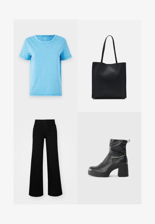 T-shirt de algodão azul claro com decote redondo, mangas curtas e detalhes de costura visíveis nas bordas. Design simples e sem adornos.; Calças largas pretas em denim, com uma cintura estruturada, passantes para cinto e bolsos frontais. Textura suave com um design clássico.; Botas de tornozelo pretas feitas de couro liso, com fecho lateral, salto grosso texturizado e design de bico arredondado.; Bolsa tote preta em couro com textura lisa, forma retangular e duas alças longas. Sem hardware ou enfeites visíveis.