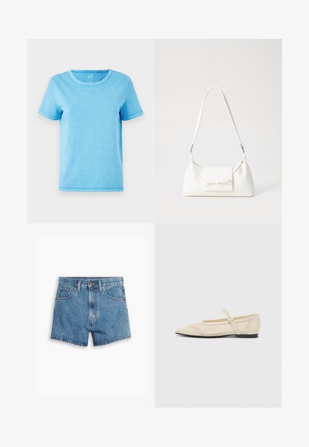 Hele sinine puuvillane T-särk, ümmarguse kaeluse ja lühikeste varrukatega, nähtavate õmblusdetailidega äärel. Lihtne, kaunistusteta disain.; Heledad teksapüksid helesinisena, millel on viis taskut, tõmblukk ja nööpkinnitus. Varrukad on lõdvenenud ja servad on kulunud.; Beesidised baleriinid terava ninaga, silmahaste disainiga ülevõime ja külgklambriga. Tasane tald sujuva tekstuuriga.; Valge sünteetilisest materjalist kott kolmnurkse kujuga, lame esiklapiga ja kaaredetailiga, reguleeritava rihmaga, sileda tekstuuriga ja minimalistliku disainiga.