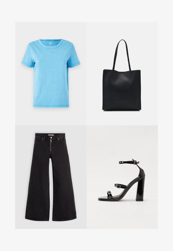 Svetlo modra bombažna majica s krojem okoli vratu, kratkimi rokavi in vidnimi šivi na robovih. Preprost, neokraševan dizajn.; Široke traperice iz črnega denima z zadrgo spredaj, petimi žepi in diskretnimi šivi. Gladka tekstura in ležeren slog.; Črne lakirane sandale s peto, kvadratnim prstom, trakovi okrog gležnja in srebrnimi zaponkami. Opremljene so s stabilno Debelo peto.; Črna usnjena torba s svilnato teksturo, pravokotne oblike in dvema dolgima ročajema. Brez vidnih metalnih delov ali okrasnih elementov.