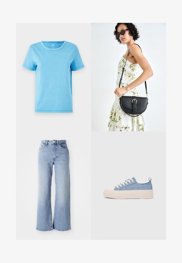 Light blue cotton t-shirt with a round neckline, short sleeves, and visible stitching details at the hems. Simple, unembellished design.; Light blue high-waist wide-leg jeans with front and back pockets, button closure, and subtle fading on the thighs and hems.; Light blue canvas sneakers with a cream rubber toe cap and outsole, featuring white laces and a pull tab on the heel.; Black leather handbag with a curved shape, detachable strap, and gold hardware. The bag features a flap with a buckle detail.
