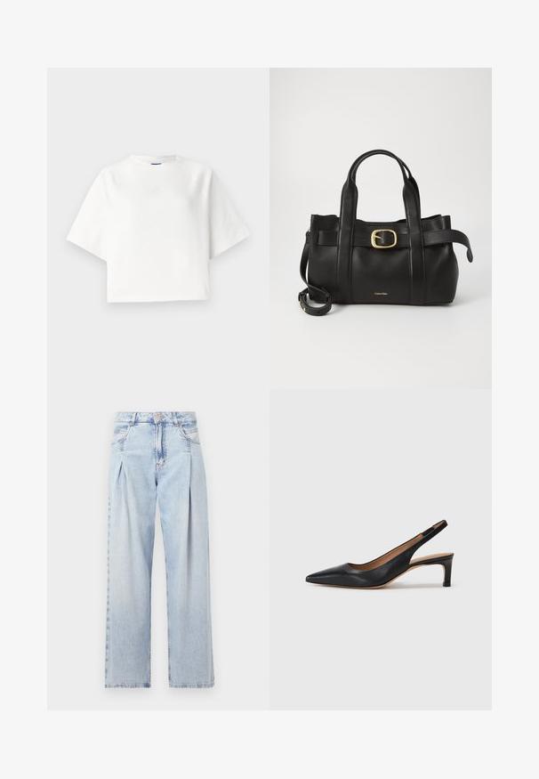 Hvid oversized t-shirt med korte raglanærmer, lavet af blødt stof. Har et diskret logo på brystet og rund halsudskæring.; Lyseblå denim jeans med høj talje, bred benåbning, to sidelommer og plisseret design. Blød tekstur med et falmet finish.; Sort læder slingback pumpe med spids tå, lav hæl og en glat overflade. Har en tynd justerbar rem for en sikker pasform.; Sort læderhåndtaske med et struktureret design, dobbelte toppegreb, guldtonet spændeaccents og præget logo på forsiden.