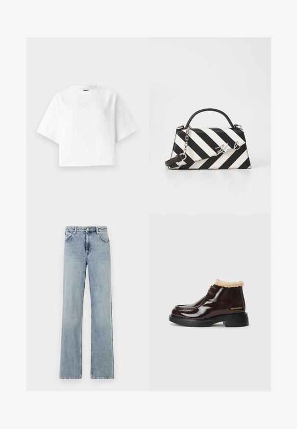 T-shirt oversized branco com mangas raglan curtas, feito de um tecido suave. Apresenta um logo discreto no peito e um decote redondo.; Jeans de ganga de perna larga, azul claro. Apresenta um fecho com botão e zip, bolsos frontais e um desbotado subtil. Bainhas limpas.; Botas de tornozelo em couro patente castanho com gola de pelúcia, apresentando um bico arredondado, sola preta robusta e detalhe em logo dourado na lateral.; Bolsa de mão às riscas pretas e brancas com um formato estruturado, apresentando uma alça superior, uma alça de corrente destacável e um detalhe em logotipo metálico.