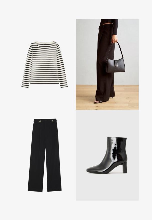 Hosszú ujjú póló széles, kerek nyakkivágással, puha anyagból készült, fekete és krém színű vízszintes csíkokkal.; Fekete, bő szárú nadrág magas derékkal, gombos részletekkel a derékrészen és elülső pliszékkal.; Fekete lakk bőrcipő bokáig érő, hegyes orral és közepes magasságú tömbsarokkal. Simább textúrával és minimalista dizájnnal rendelkezik.; Fekete kézi táska strukturált formával, sima textúrával és fémből készült záródással. Széles fekete nadrággal és nyitott orrú szandállal párosítva, fából készült padlón.