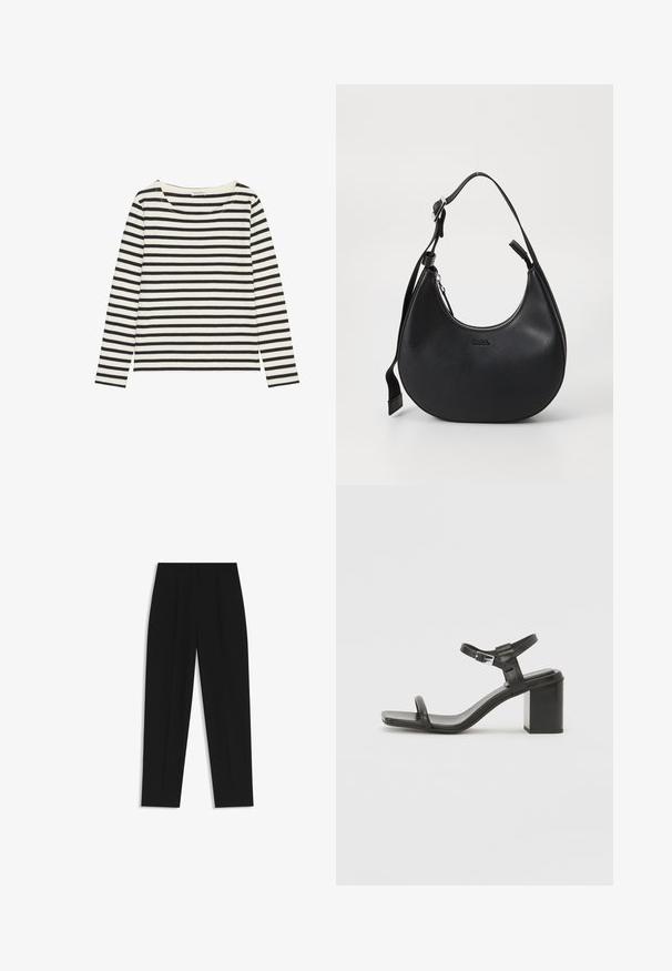 Langärmliges Shirt mit weitem, rundem Ausschnitt, aus einem weichen Stoff gefertigt, mit schwarzen und cremefarbenen horizontalen Streifen.; Schwarze Hose mit geradem Schnitt, doppelten Falten, einer glatten Textur und einem klassischen Bunddesign. Keine sichtbaren Beschläge oder Akzente.; Schwarze Leder-Sandale mit Blockabsatz und einem breiten Riemen über dem Zeh sowie einem verstellbaren Knöchelriemen, die ein schlankes, minimalistisches Design aufweist.; Schwarze Leder-Schultertasche mit einer geschwungenen Form, Reißverschluss und verstellbarem Tragegurt. Mit eingeprägtem Markenlogo auf der Vorderseite.
