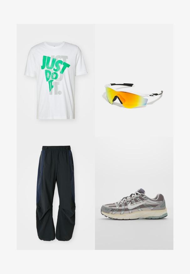 Camiseta branca de algodão com grande texto verde "APENAS FAÇA" sobre texto cinza. Gola redonda, mangas curtas, textura suave.; Calças de exterior pretas com um ajuste relaxado, apresentando um cós elástico, painéis laterais azul-marinho e bolsos com zíper de cada lado.; Sapatilha atlética cinza com parte superior em malha e camurça, detalhes brancos, sola acolchoada e um design distinto com elementos refletivos.; Óculos de sol desportivos brancos com um design curvado, detalhes em borracha preta e uma lente espelhada laranja-amarela que transita para azul.