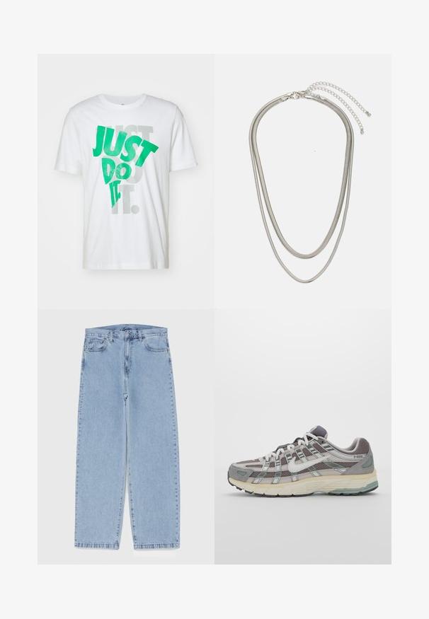 Balta medvilnės marškinėliai su dideliais žaliais užrašais "JUST DO IT", uždedamais ant pilkų užrašų. Apskrito kaklo, trumpomis rankovėmis, lygia tekstūra.; Šviesiai mėlyni džinsai su tiesiomis kojomis, turintys vidutinio aukščio juosmenį, penkias kišenes ir mygtuko bei užtrauktuko uždarymą.; Pilkas sportinis batas su tinklu ir zomšos viršutine dalimi, baltomis detalėmis, paminkštintu padu ir išskirtiniu dizainu su atspindinčiais elementais.; Trijų sluoksnių sidabrinė metalinė apyrankė, kuri pasižymi stilingomis, lankstosiomis grandinėlėmis su švelniu blizgesiu, užsegama krabų užsegimu ir reguliuojama grandinė.