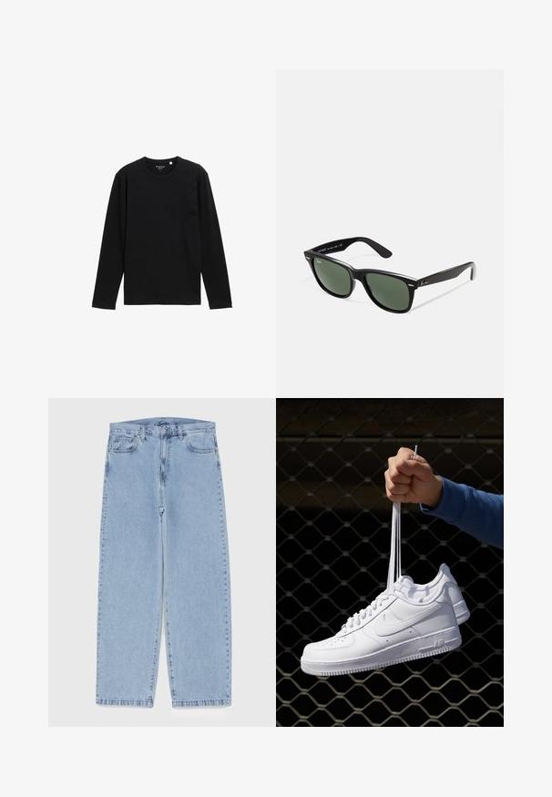 Musta pitkähihaine t-paita ribbikankaasta, jossa on pyöreä kaula-aukko ja rento istuvuus ilman lisäkuvioita tai koristeita.; Vaaleansiniset farkut suoran lahkeen muotoilulla, joissa on puolivälin vyötärö, viisi taskua sekä nappi- ja vetoketjusuljenta.; Valkoiset nahkasneakersit, joissa on rei'ityksiä, pyöreä kärki, tasapohja ja paksut nauhat, joissa on näkyvä swoosh-logo ja "AIR" kantapäässä.; Mustat muoviset aurinkolasit, joissa on vihreät linssit, neliönmuotoiset kehykset, hopeinen yksityiskohta kulmakarvojen kohdalla sekä tekstuuriset temppeleiden varret. Brändi ilmoitettu sisävarsissa.