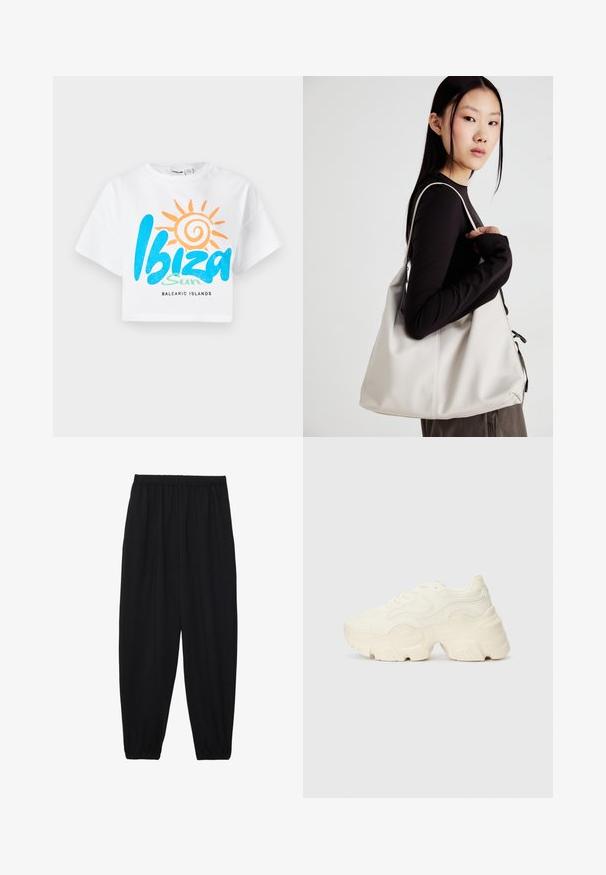 Bílý zkrácený tričko s modro-oranžovou grafikou "Ibiza Sun" s designem slunce a textem "Balearic Islands" v černé barvě. Bavlněný materiál.; Černé, lehké kalhoty s elastickým pasem a nařasenými kotníky. Tkanina je hladká a má uvolněný, zúžený design.; Chunky bílé tenisky vyrobené z texturované síťoviny a syntetických materiálů, s tlustou podrážkou a složitými vzorovými detaily podél stran.; Beige kabelka vyrobená z měkkého materiálu, s volným designem, prošívanými detaily a dvěma ramenními popruhy. Vhodná pro každodenní použití.