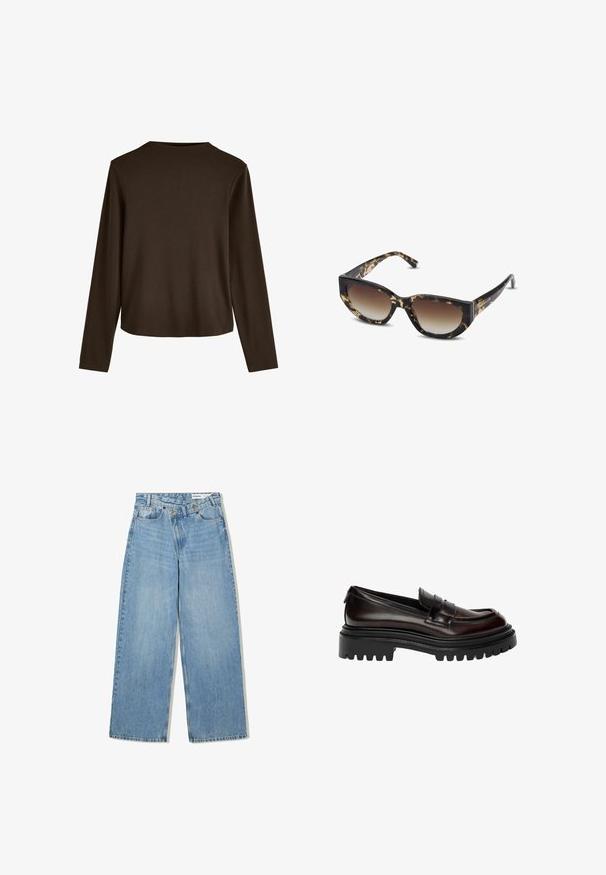 Maglietta marrone a maniche lunghe con scollatura rotonda e fit loose, realizzata in morbido cotone con una texture liscia.; Jeans azzurri a gamba larga realizzati in denim, con vita alta, cinque tasche, chiusura a bottone e una leggera scoloritura per aggiungere texture.; Mocassino in pelle lucida marrone scuro con suola nera spessa e design classico con fascia a penny.; Occhiali da sole tartaruga marroni e neri con forma a gatto angolare, lenti sfumate e montatura spessa. Logo stampato sulle aste.; Borsa a spalla marrone imbottita con una forma curvata, dotata di chiusura con cerniera e tracolla regolabile per diverse opzioni di trasporto.