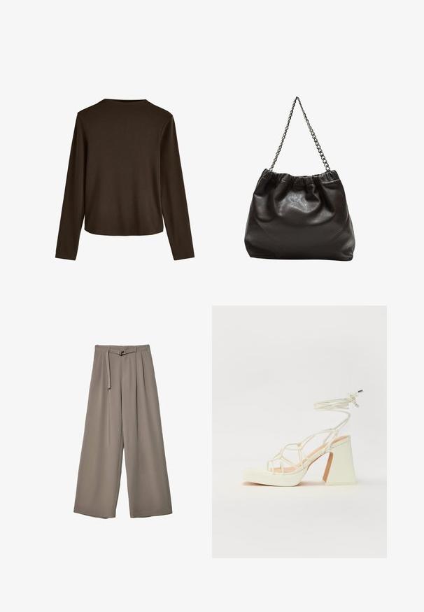 Braunes, langärmliges Oberteil mit runden Ausschnitt und lockerer Passform, aus weichem Baumwollmaterial mit glatter Textur.; Weite Hose aus einem weichen, gedämpften grauen Stoff, mit einem taillierten Bund und Falten für zusätzliche Design-Details. Glatte Textur, keine Muster.; Weiße High-Heel-Sandale mit einem klobigen Absatz, die über ein Riemchendesign und ein Knöchelband verfügt. Glatte Textur mit einer Plattform vorne für zusätzliche Höhe.; Braune Lederhandtasche mit gerafftem Oberteil und Kettenriemen. Glatte Textur mit glänzendem Finish und subtilen Nahtdetails an den Seiten.