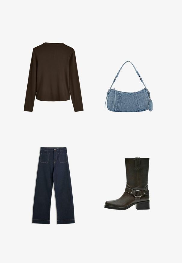 Bruine lange mouwen top met een ronde hals en een losse pasvorm, gemaakt van zacht katoen met een gladde structuur.; Donkerblauwe wijde jeans gemaakt van denim met contrasterende tan stiksels, twee achterzakken en een knoopsluiting bij de taille.; Bruine leren enkellaars met een vierkante neus, korte blokhak en decoratieve gesp met zilverkleurige hardware. Gladde textuur, eenvoudig ontwerp.; Denim handtas met een gebogen vorm, lichtblauwe kleur, verstelbare schouderriem en een kleine afneembare pouch met metallic accenten.