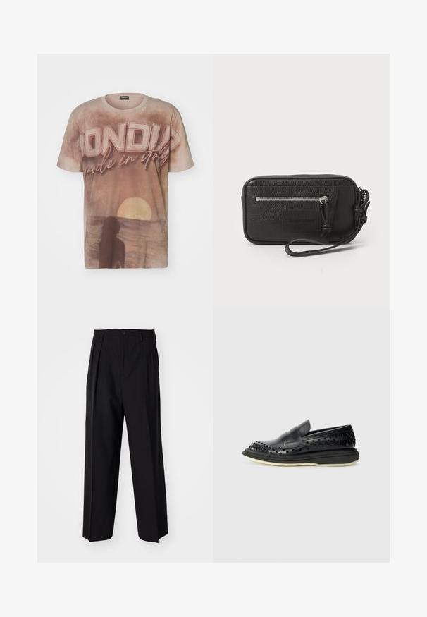 Pagrindinė T-shirt marškiniai, pagaminti iš minkštos medžiagos, su saulėlydžio dizainu ir siluetu, ramiai žemiškos spalvos ir ryškiai išreikštas tekstas "DONDU".; Juodi klostuoti kelnių, su tiesiu, plačiu kojų dizainu. Pagaminti iš lygios medžiagos, su mygtukų uždarymu ir diržo kilputėmis.; The Antipode COLLEGE PIERCED - Įmautiniai batai - black; Juodas odinis delninukas su tekstūruotu paviršiumi, priekinė užtrauktuko kišenė ir nuimama riešo juosta. Priekyje yra logotipo etiketas. Stačiakampio formos.