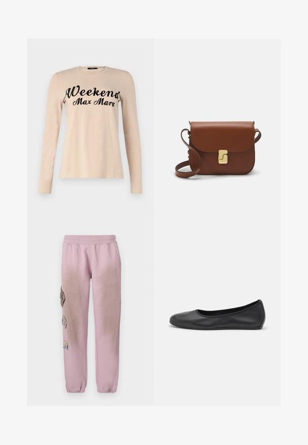 WEEKEND MaxMara QUINOA - Hosszú ujjú felső - sabbia; Rózsaszín melegítőnadrág elasztikus derékkal, bal oldalon gyémánt alakú dekoratív foltokkal és elasztikus szárakkal az bokákon.; Fekete bőr balettcipő lekerekített orral, sima tekstúrával, minimális varrással és rugalmas talp kialakítással.; Barna bőr kézitáska, hajtókás zárással, arany színű fém kiegészítőkkel, vállpánttal és sima felülettel. Kompakt téglalap alakú.