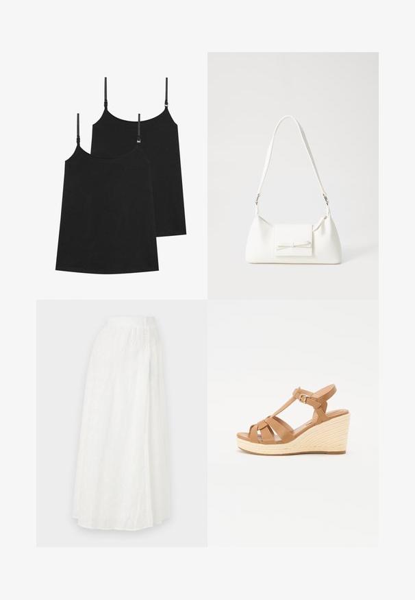 Sorte svarte toppene med justerbare stropper, laget av glatt stoff, med et enkelt design og rett kant, solgt som et to-pak.; Hvit maxi-skjørt med elastisk midjebånd, som har et teksturert blomstermønster og blonder-lignende utskjæringer i hele stoffet.; Brune kile-sandaler med kryssremdesign, justerbar ankelspenne og en teksturert vevd espadrille-stil kile.; Hvit syntetisk håndveske med trekantet form, flat klaff foran og sløyfe detaljer, justerbar stropp, glatt tekstur og minimalistisk design.