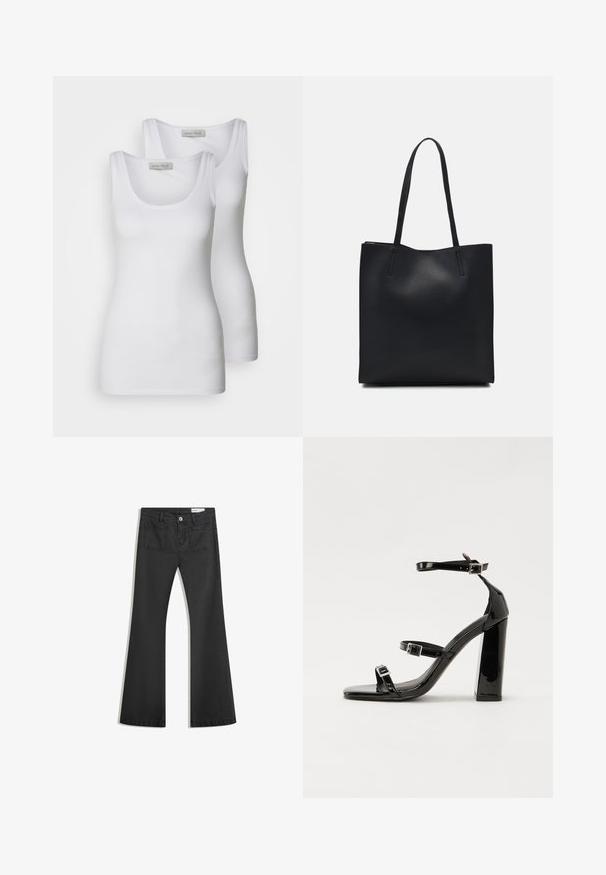 Dwie białe topy na ramiączkach z dekoltem w serek, wykonane z gładkiego materiału. Cechy to wąskie ramiączka i dopasowany krój.; Czarne dżinsy w fasonie z dzwonami, wykonane z denimu o gładkiej teksturze, z dwiema tylnymi kieszeniami i zapięciem na guzik w talii.; Czarne lakierowane sandały na obcasie z kwadratowym noskiem, z paskami wokół kostki i srebrnymi klamrami. Posiadają masywny słupek dla stabilności.; Czarna skórzana torba tote o gładkiej fakturze, prostokątnym kształcie i dwóch długich uchwytach. Brak widocznych elementów metalowych i ozdób.