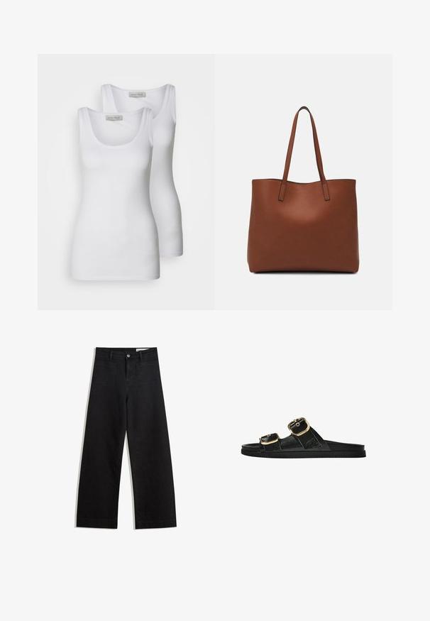 Dve biele tielka s okrúhlym výstrihom, vyrobené z hladkej tkaniny. Medzi vlastnosti patrí úzke ramienka a priliehajúci strih.; Čierne denimové nohavice s širokými nohavicami a vysokým pásom, so prednými a zadnými vreckami, šitými švami a zapínaním na gombík. Hladká textúra.; Čierne šľapky s dvoma zlatými prackami, hladký textúrovaný materiál, plochá podrážka a minimalistický dizajn.; Hnedá kožená taška na rameno s hladkou textúrou, otvoreným vrchom a dvoma ramenými popruhmi. Má minimálne šitia a žiadne viditeľné kovania.