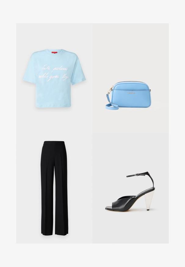 MAX&Co. BOXYCLAIM jasnoniebieski; Czarne spodnie o szerokim kroju, o gładkiej fakturze, z wysokim stanem i centralnymi kantami. Brak widocznych wzorów lub detali metalowych.; Czarne skórzane sandały na wysokim obcasie z odkrytymi palcami, asymetrycznym wzorem, paskiem w okolicy kostki oraz metalicznym obcasem w kształcie stożka. Gładka faktura na całej powierzchni.; Jasnoniebieska skórzana torebka na ramię z złotymi akcentami, zamknięciem na zamek błyskawiczny i przednią kieszenią. Posiada regulowany pasek dla wygody.