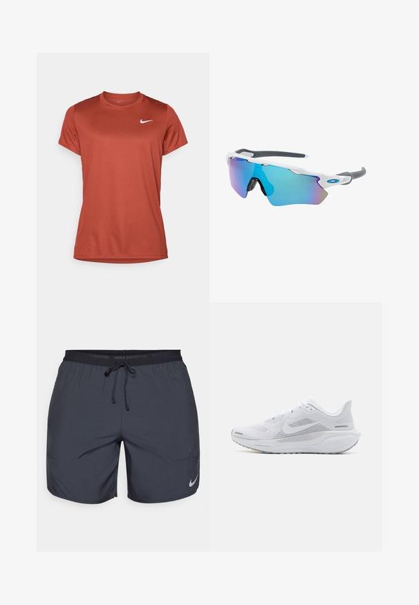 Nike Performance NIKECOURT VICTORY TOP - T-shirt till träning - mars stone/white; Nike löpshorts i mörkgrått, med en elastisk midja som har dragsko och en silverlogotyp på nederdelen av högra benet.; Vit sportskor med ovandel i mesh, släta texturerade överlager, grå accenter, snören och en vadderad sula designad för prestanda.; Solglasögon med vit ram, grå detaljer och blå spegelglas. Sportig design, omslutande form och justerbara näskuddar.