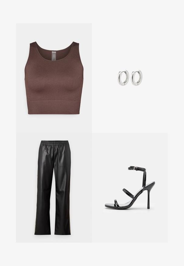 Brūns ribots topiņš ar apaļu dekoltē un platām siksnām. Izgatavots no elastīga materiāla, ar bezšuvju dizainu un gludu tekstūru.; Melnas mākslīgās ādas bikses ar elastīgu jostasvietu, taisnas kājas dizainu un kontrastējošām sānu līnijām. Gluda tekstūra un minimālisma stils.; Melnas patentētas ādas augstpapēžu sandales ar trim horizontālām siksniņām un regulējamu potītes siksniņu. Eleganta silueta un spīdīgs apdare.; Sudraba apli auskari ar spīdīgu apdari, kuriem ir apaļa forma un bezšuvju eņģes, rādot gludu virsmu.