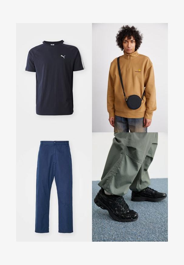Tamsiai mėlyna trumpomis rankovėmis marškinėliai, pagaminti iš lengvo medvilnės, su baltais raglan rankovėmis ir mažuoju baltu Puma logotipu ant krūtinės.; Tamsiai mėlyni, tiesūs kelnės pagamintos iš medvilnės. Su priekiniais mygtukais, subtilia tekstūra, šoninėmis kišenėmis ir diržo kilpomis.; Juodi sportiniai bateliai su blizgiu ir tinkliniu tekstūromis, turintys storą pado ir raištus, derinami su laisvomis alyvuogių spalvos kargo kelnėmis.; Rudas ketvirčio užtrauktuko vilnos švarkas su siuvinėtu logotipu, derinamas su juodu apvaliu per petį nešiojamu krepšiu su užtrauktuku ir logotipo detale, dėvimas virš džinsų.