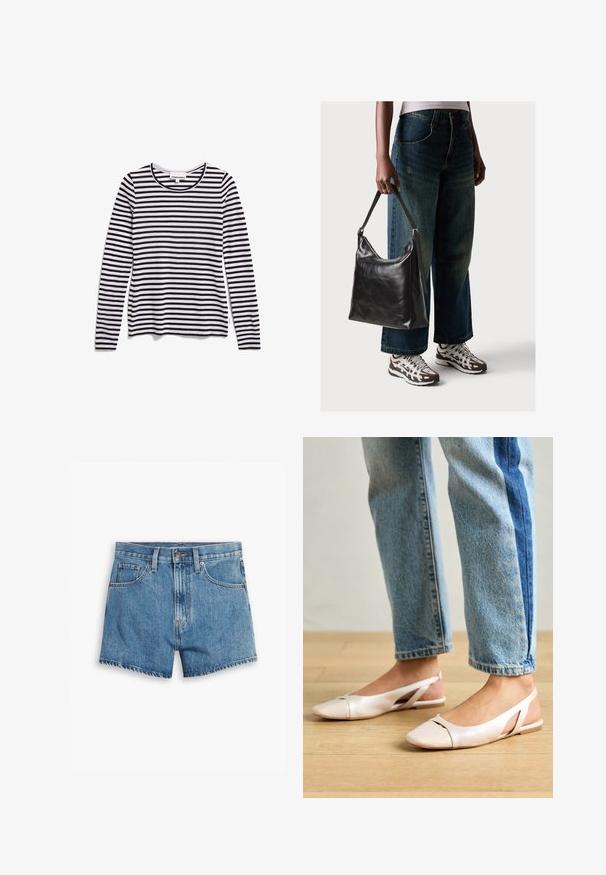 Schwarz-weiße langärmlige gestreifte Bluse mit Rundhalsausschnitt aus weichem Stoff, die gleichmäßig verteilte horizontale Streifen aufweist.; Hellblaue Denim-Shorts mit fünf Taschen, einem Reißverschluss und einem Knopfverschluss. Der Saum ist fransig und das Design bietet eine lässige Passform.; Blassrosa Slingback-Ballerinas mit spitzem Punkt, aus einem glatten, lederähnlichen Material. Mit Ausschnitten an den Seiten und einem flachen Absatz.; Schwarze Leder-Schultertasche mit glatter Textur und verstellbarem Riemen, kombiniert mit ausgewaschenen weit geschnittenen Jeans und sportlichen Sneakern.