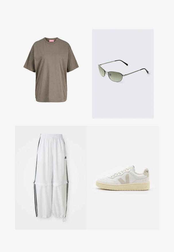 Olivno zelena majica s kratkimi rokavi iz mehkega bombaža. Ima krožni ovratnik in raven kroj z minimalnimi šivi.; Bele športne hlače s sproščenim krojem, elastičnim pasom in črnimi stranskimi črtami. Imajo žepke na zadrgo in elastične manšete na gležnjih.; Bela usnjena tenisača z bež semiš poudarki, perforiranim prednjim delom, ravnimi vezalkami in strukturiranim kremnim podplatom. Ima diskretno blagovno znamko na peti.; Metalne sončne očala z podolgovatimi zelenimi lečami, tankim srebrnim okvirjem in črnimi konicami na obuvalih. Opremljena z majhnimi nosnimi blazinicami za udobje.