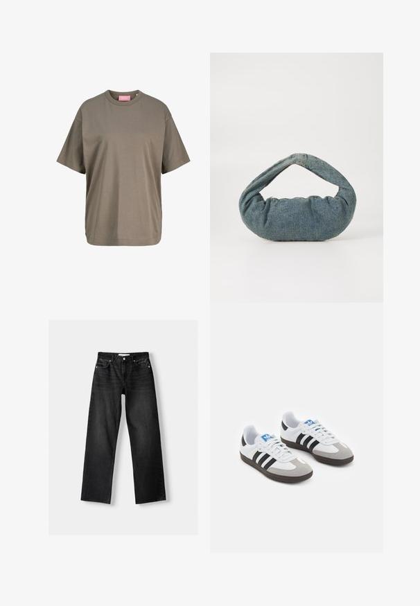 Olivgrön t-shirt med kort ärm i mjuk bomull. Har rundad halsringning och rak passform med minimal sömnadsdetaljer.; Bershka Jeans straight leg - mottled dark grey; Sportskor med överdel i vit läder, grå mocka på tårna och tre svarta ränder. Har en blå logotyp på tungan och en texturerad gummisula.; Blå denimväska med en vadderad, rundad form och ett böjt handtag. Texturen är mjuk, med synliga sömmar och en slät yta.