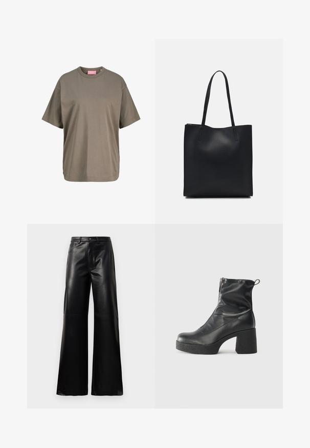 Olivno zelena majica s kratkimi rokavi iz mehkega bombaža. Ima krožni ovratnik in raven kroj z minimalnimi šivi.; Črne široke hlače iz umetnega usnja z visokim pasom, sprednjim gumbom, zadrgo, zanke za pas in stranskimi žepi na beli podlagi.; Črne gležnjarje iz gladke kože z božnim zadrgo, masivnim teksturiranim peto in zaobljeno obliko prstov.; Črna usnjena torba s svilnato teksturo, pravokotne oblike in dvema dolgima ročajema. Brez vidnih metalnih delov ali okrasnih elementov.