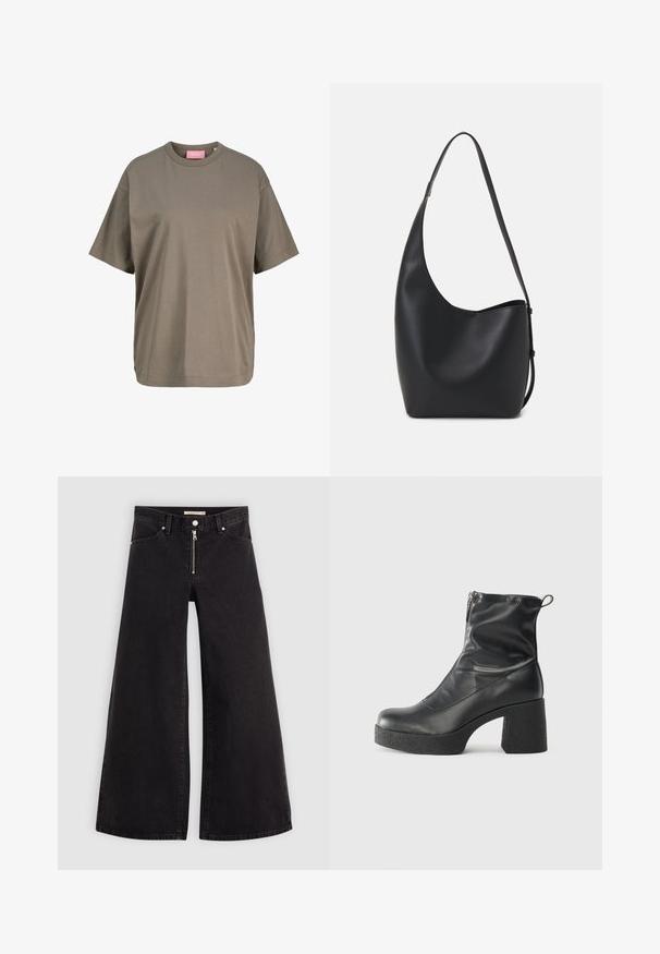 T-shirt de manga curta na cor verde-oliva, feito de algodão suave. Possui um decote redondo e um corte reto com detalhes de costura mínimos.; Calças de ganga de perna larga em denim preto com fecho éclair à frente, design de cinco bolsos e detalhes de costura subtil. Textura suave e estilo casual.; Botas de tornozelo pretas feitas de couro liso, com fecho lateral, salto grosso texturizado e design de bico arredondado.; Saco hobo preto em pele com uma textura lisa, forma curva e uma única alça ajustável; apresenta uma abertura larga na parte de cima.