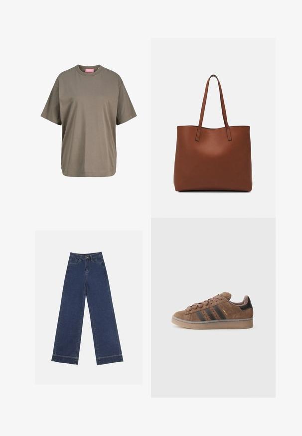 Olivroheline lühikeste varrukatega T-särk, mis on valmistatud pehmest puuvillast. Omab ümmargust kaelust ja sirget lõikehi, millel on minimaalne õmblusdetailide arv.; Laiad püksid tumedast sinisest denimist. Omab viit taskut, vöölõke ja toore äärega allosas, kus on nähtavad õmblused.; Pruun seemisnahast toss, millel on kolm tumedat triipu, tekstuuriga paeltega eesmine osa ja kontrastne must kannaosa. Omaduseks kummist tald ja kuldne bränding.; Pruun nahast tote-kott, millel on sile tekstuur, avatud ülaosa disain ja kaks õlarihma. Omab minimaalset õmblust ja nähtavat riistvara ei ole.