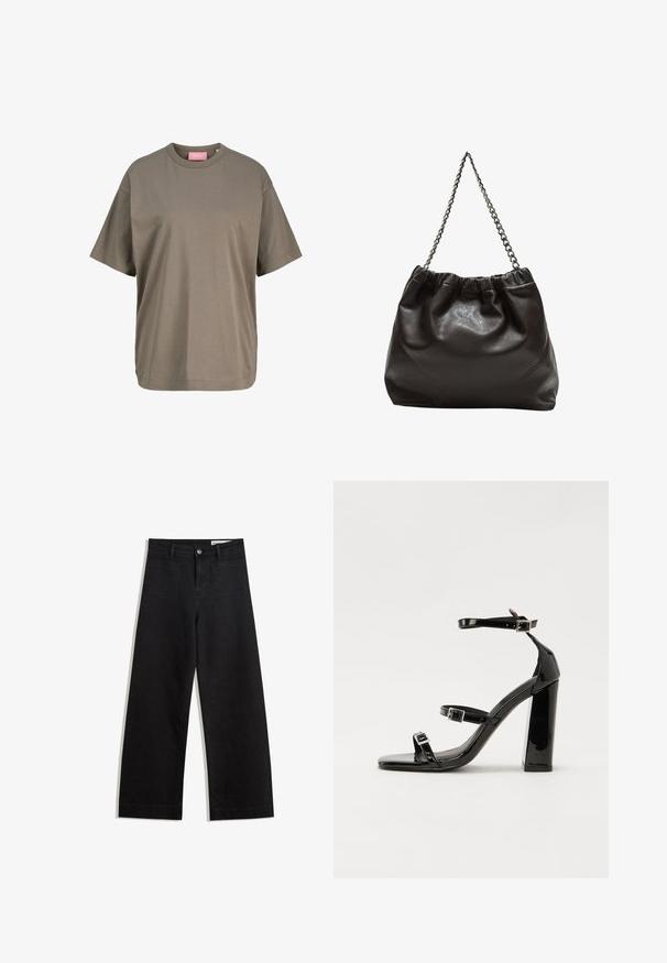 Olivno zelena majica s kratkimi rokavi iz mehkega bombaža. Ima krožni ovratnik in raven kroj z minimalnimi šivi.; Črne široke denim hlače z visokim pasom, ki imajo sprednje in zadnje žepe, šivane šive ter gumbasto zapiranje. Gladka tekstura.; Črne lakirane sandale s peto, kvadratnim prstom, trakovi okrog gležnja in srebrnimi zaponkami. Opremljene so s stabilno Debelo peto.; Rjava usnjena torba z nabranim vrhom in verižnim trakom. Gladka tekstura z sijajno površino in subtilnimi šivi na straneh.