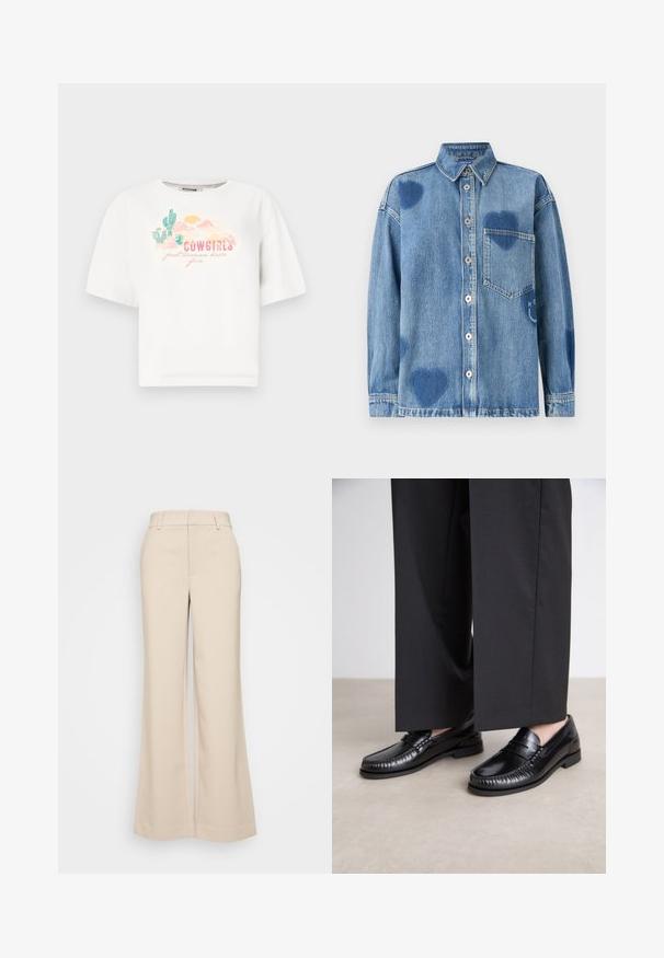 Biały bawełniany t-shirt z krótkim rękawem, z kolorową grafiką pustyni i napisem "COWGIRLS po prostu chcą się bawić" w różowym i zielonym.; Jasnoniebieska koszula dżinsowa z akcentami w kształcie serca, z prostym kołnierzykiem, przednią kieszenią i listwą guzikową. Miękki, fakturowany materiał.; Beżowe spodnie szerokie z gładką strukturą, z wysokim stanem i dwoma przednimi kieszeniami. Czysty design o dopasowanym kroju.; Czarne skórzane loafersy o gładkim wykończeniu, z haftowanym detalem wokół palców oraz niską gumową podeszwą. W zestawieniu z szerokimi czarnymi spodniami.