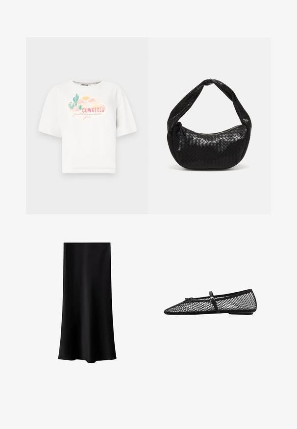 Weißes Baumwoll-T-Shirt mit kurzen Ärmeln, das ein buntes Wüstenmotiv und den Text "COWGIRLS wollen einfach Spaß haben" in Pink und Grün zeigt.; Schwarze Midischürze aus glattem, leichtem Stoff. Sie hat einen geraden Schnitt, keine sichtbaren Beschläge und ein schlichtes Design ohne Muster.; Schwarze Netz-Balletflats mit spitz zulaufender Zehenpartie, dekorativem Riemen und dezentem Akzent. Sie verfügen über ein offenes Netzdesign und eine flache Sohle.; Schwarze geflochtene Ledertasche mit einer geschwungenen Form, ausgestattet mit einem dicken Griff und einem Reißverschlussverschluss. Texturierte Oberfläche mit glänzender Optik.