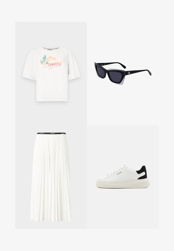 Biela bavlnená tričko s krátkymi rukávmi, na ktorom je farebná grafika púšte a text "COWGIRLS len chcú zabávať" v ružovej a zelenej farbe.; Plisovaná biela sukňa s čiernym elastickým pásom s logom "LACOSTE". Sukňa je stredne dlhá a má mäkkú textúru.; Biele kožené tenisky s hrubou bielou podrážkou, čiernym zamekom na päte a vyrazeným logom na boku. Šnurovací dizajn so šiestimi očkami.; Čierne oversized slnečné okuliare s geometrickým tvarom, s tmavými šošovkami a kontrastným šedým detailom na ráme. Logo na mostíku.