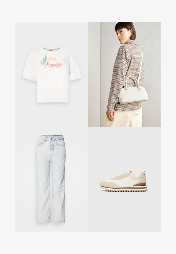 White cotton t-shirt with short sleeves, featuring a colorful desert graphic and text "COWGIRLS just wanna have fun" in pink and green.; Light blue high-waisted jeans with a straight leg fit, made of denim. Features a button fly, five-pocket design, and subtle faded texture.; Beige and white low-top sneaker with textured sole and pull tab at heel, displayed on a plain light background, side view.; White structured handbag with short handles and a shoulder strap, featuring gold hardware accents and textured material, displayed against a grey background.