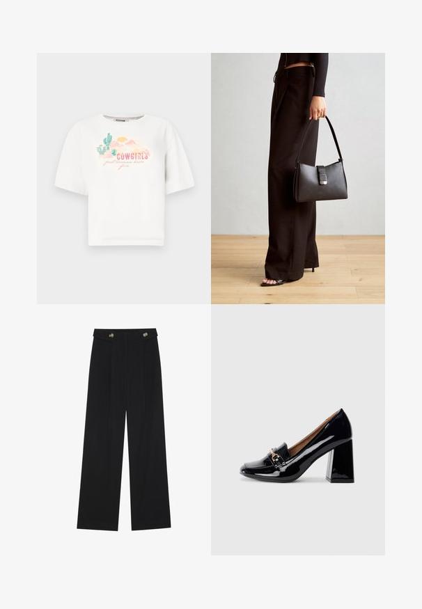 T-shirt en coton blanc à manches courtes, avec un graphisme coloré de désert et le texte "COWGIRLS veulent juste s'amuser" en rose et vert.; Pantalons larges noirs à taille haute, avec des détails de boutons à la taille et des plis sur le devant.; Escarpin en cuir verni noir, à talon haut avec un bout pointu et un talon carré. Présente une sangle décorative et un détail de boucle sur le dessus.; Sac à main noir à la forme structurée, texture lisse et fermoir métallique. Associé à un pantalon noir ample et des sandales ouvertes sur un sol en bois.