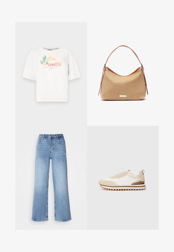 Balta medvilninė marškinėliai trumpomis rankovėmis, su spalvinga dykumos grafika ir tekstu "COWGIRLS tik nori smagiai praleisti laiką" rožinės ir žalios spalvų.; Šviesiai mėlynos plačios kojų džinsai, pagaminti iš denim medžiagos, turi aukštą liemenį, penkių kišenių dizainą ir švelnų nusidėvėjimą dešinėje šlaunyje.; Šviesiai rudos ir baltos žemos sportinės avalynės su tekstūruota padu ir kilpos užkulnyje vaizdas šoniniame plane, pateiktas ant paprasto šviesaus fono.; Šviesiai ruda pintinė rankinė su išlenktu pavidalu, odos akcentais ir viena petine juostele. Priekyje yra auksinis logotipo detalė.