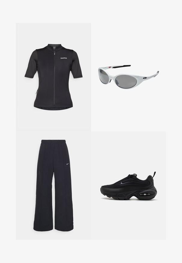 Camisola de ciclismo preta de manga curta com fecho frontal, material respirável e logo GripGrab no lado superior esquerdo.; Calças largas pretas com um cós elástico e um pequeno logótipo branco da Nike. O tecido tem uma textura suave, projetado para conforto e uso casual.; Sapatilha atlética preta com um upper liso e texturizado. Apresenta um bico redondo, colarinho almofadado e amortecimento de ar visível na sola.; Óculos de sol de plástico branco com grandes lentes ovais, com tonalidade cinza. Possui apoios pretos nas orelhas e um pequeno logótipo na armação. Acabamento suave.