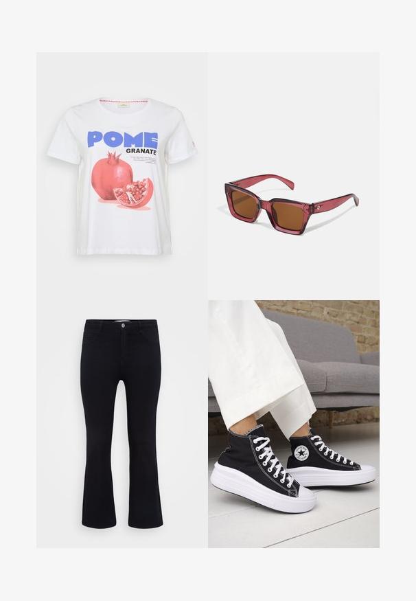 Hvit bomull T-skjorte med et stort grafisk trykk av et granateple, med ordene "POME GRANATE" i blått og svart. Korte ermer.; ONLY Carmakoma CARTHUNDER PUSH UP - Flared jeans - black denim; Svarte høye sneakers med hvite gummisåler og lisser. Har et rundt logo-merke og kontrasterende hvite sømmer. Laget av lerret.; Rødtonede firkantede solbriller med brune linser. Lavet af gennemsigtig plastic. Har fremtrædende vinkelret design og subtil branding på stangen.