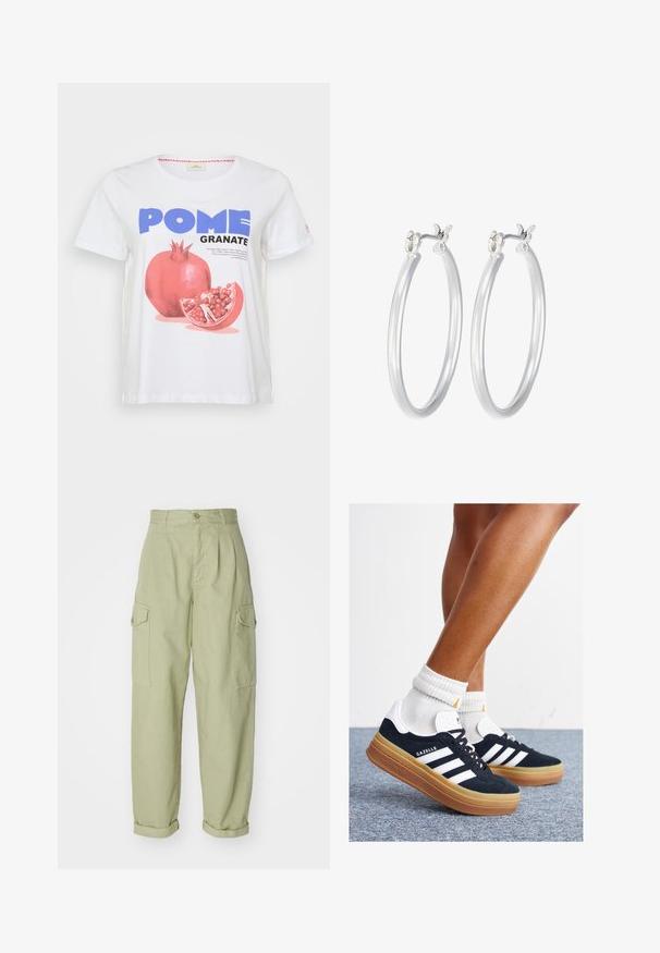 Balta medvilninė marškinė su dideliu granato grafiniu atspaudu, su užrašu "POME GRANATE" mėlyna ir juoda spalvomis. Trumpomis rankovėmis.; Šviesiai žali cargo tipo kelnės, pagamintos iš medvilnės audinio. Joms būdingas aukštas juosmuo, suktos galinės dalys ir dvi šoninės cargo kišenės, užtikrinančios papildomą patogumą.; Juodi zomšiniai sportbačiai su baltais dryžiais ir akcentais, apvalios nosies, guminio, gumos pado, derinami su baltais raitytais vidutinio ilgio kojinaitėmis.; Sidabriniai auskarai su sklandžiu, poliruotu paviršiumi. Apvalios formos ir saugus uždarymo mechanizmas. Lengvas dizainas, tinkantis kasdieniam dėvėjimui.