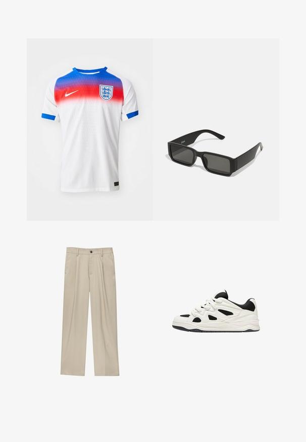 Maglietta da calcio bianca a maniche corte con colletto sfumato dal rosso al blu, dettagli blu sulle maniche e stemma dell'Inghilterra sul petto.; Pantaloni beige a taglio dritto, con un solo bottone nero, passanti per la cintura e tasche laterali. Tessuto dalla texture liscia e design minimale.; Scarpe da ginnastica bianche e nere con suola testurizzata, caratterizzate da intagli sui lati e lacci, e una schiena imbottita per il supporto.; Occhiali da sole neri con lenti rettangolari, montatura in plastica opaca e bordi dritti. Presentano il logo del marchio sulla parte interna del braccio.; Collana di perle bianche con forma rotonda uniforme, superficie liscia e chiusura in metallo con catena di estensione per lunghezza regolabile.