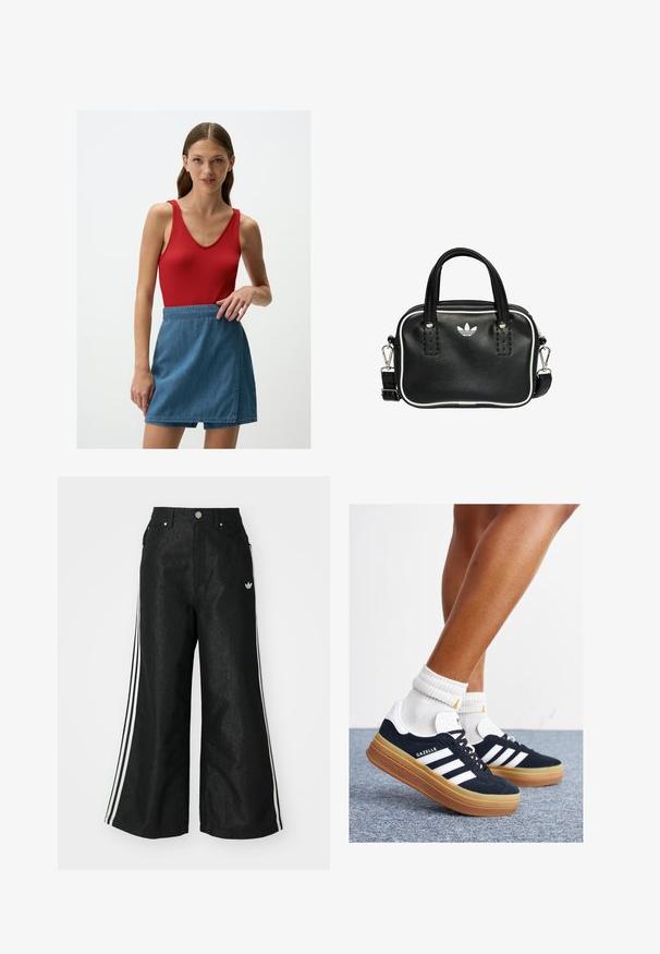 Top a righe rosso con scollo a V profondo abbinato a una gonna avvolgente in denim blu. La gonna presenta una vita aderente e una caduta informale.; Pantaloni in denim neri a gamba larga con tre strisce bianche su ciascun lato e un piccolo logo bianco. Presentano tasche frontali e chiusura con bottone.; Sneakers in pelle scamosciata nera con strisce e dettagli bianchi, punta arrotondata, suola in gomma color gomme, abbinate a calzini bianchi a coste alla caviglia.; Borsa a mano in pelle nera con due manici corti, hardware argentato, dettagli bianchi e un logo bianco. Presenta una superficie strutturata e un design compatto.