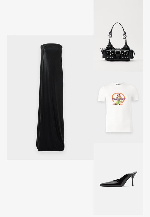 White cotton t-shirt featuring a graphic print of a seated woman in a green dress, surrounded by an orange circle and purple text.; Black strapless maxi dress made of smooth, shiny fabric. Features a fitted bodice and flowing silhouette, reaching the floor without embellishments.; Black patent leather high-heeled mule with a pointed toe and a sleek silhouette, featuring an open back and a slender stiletto heel.; Black leather handbag with a curved design, featuring silver studs, a buckle, and two side pockets. Adjustable strap for carrying options.
