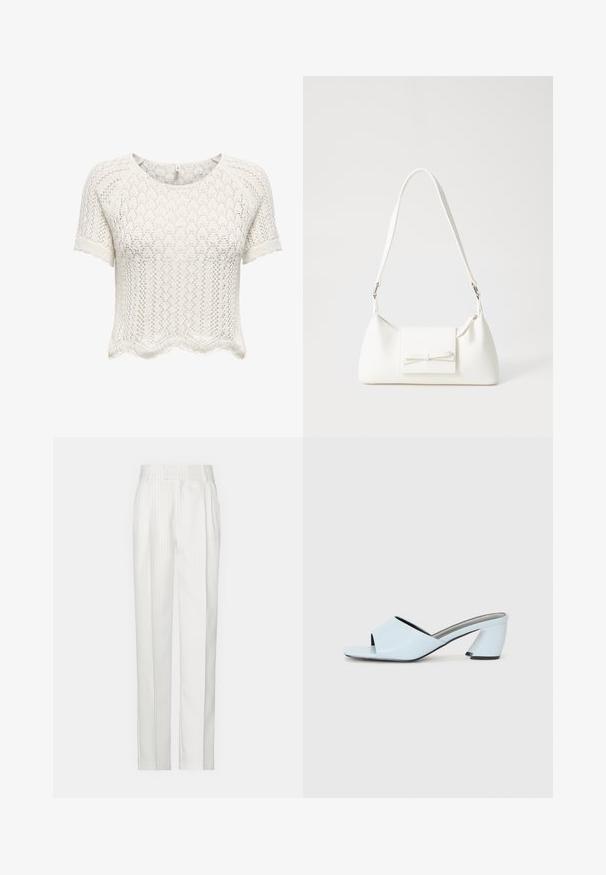 Maglione bianco a maniche corte, corto, realizzato in tessuto a maglia aperta con orlo a scallop e motivo testurizzato. Collo rotondo e vestibilità rilassata.; Pantaloni bianchi a righe sottili con un design a gamba dritta, realizzati in un tessuto leggero. Presentano pince sul davanti e una vita tradizionale.; Mule aperte di colore blu chiaro con punta aperta e design geometrico, dotate di una fascia larga che attraversa il piede e di un tacco spesso e angolare.; Borsa sintetica bianca a forma triangolare, con patta anteriore piatta e dettaglio a fiocco, tracolla regolabile, texture liscia e design minimalista.
