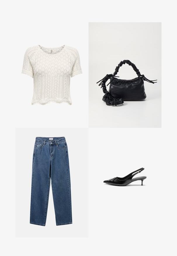 White, short-sleeve, cropped sweater made of open-knit fabric with a scalloped hem and textured pattern. Rounded neckline and relaxed fit.; Classic blue denim jeans with a straight-leg design, five pockets, and a button closure. Features a medium wash and sturdy texture.; Black leather slingback heels with a pointed toe, small kitten heel, and a decorative knot detail on the front. Smooth texture throughout.; Black faux leather handbag with a crocodile texture, cinched top, and a scrunched strap. Appears soft and compact in design.