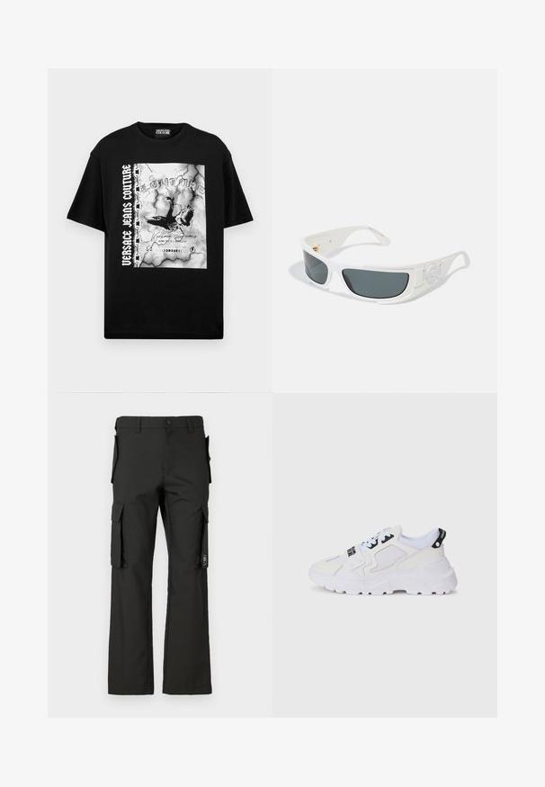 Tricou negru din bumbac cu un grafic mare gri și alb, având păsări și text. Mâneci scurte, design cu gât rotund și croială lejeră.; Pantaloni cargo negri cu un design drept, având multiple buzunare laterale și închidere cu nasture. Confectionați dintr-un material rezistent, cu o textură netedă.; Adidași atletici albi cu partea superioară din plasă, talpă groasă și accente negre cu marcă imprimată. Design texturat și structurat.; Ochelari de soare albi cu lentile gri, de formă rectangulară, cu accente texturate pe laturi. Prezintă detalii din metal auriu.