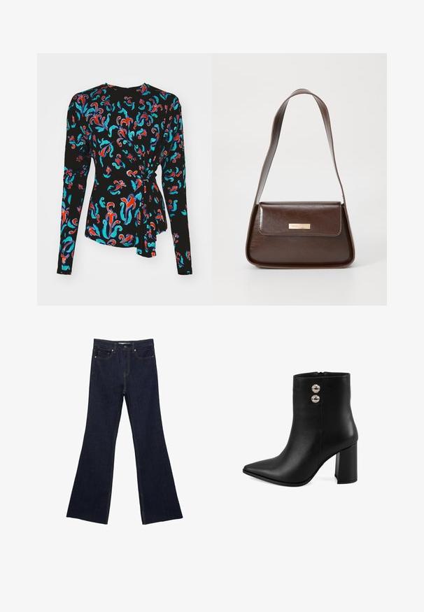 Schwarzes Langarmoberteil mit einem bunten Blumenmuster in Rot, Türkis und Blau sowie einem Knotenakzent in der Taille.; Vero Moda Tall VMEDA SHORT BOW SHIRT - Bluse - black; Dunkelblaue Jeans mit ausgestelltem Bein, ausgestattet mit einem klassischen Fünf-Taschen-Design und sichtbaren Nähten. Der Stoff hat eine glatte Textur mit minimalen Verblassungen.; Schwarze Leder-Ankle-Boots mit spitzem Zehen, Blockabsatz, seitlichem Reißverschluss und zwei dekorativen silbernen Knöpfen an der Außenseite.; Braune Lederschultertasche mit strukturierter Form, ausgestattet mit einem magnetischen Klappenverschluss und einem metallischen Logoakzent auf der Vorderseite.